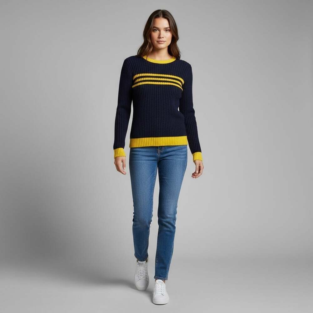 Vintage 70s Pandora Navy Yellow Stripe Ribbed Crewneck Sweater XS S Collegiate
